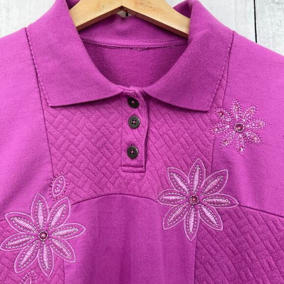 American VINTAGE LARGE 80s Pink Purple Floral Beaded Quilted Polo Sweater - Picture 3 of 7
